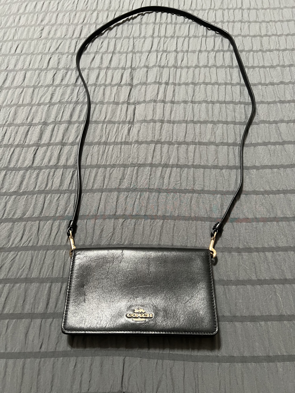 Coach Black Leather Crossbody Wallet with Gold Hardware